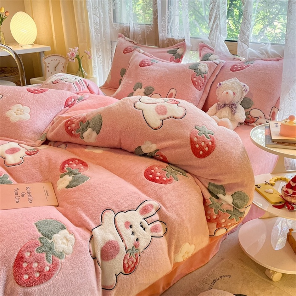 Pink Rabbit Printed Pure Cotton Duvet Cover Flat Sheet Pillowcases Children Sabanas Bed Linen Skin-Friendly Quilt Comforter Cover Kids Queen Bedding Set