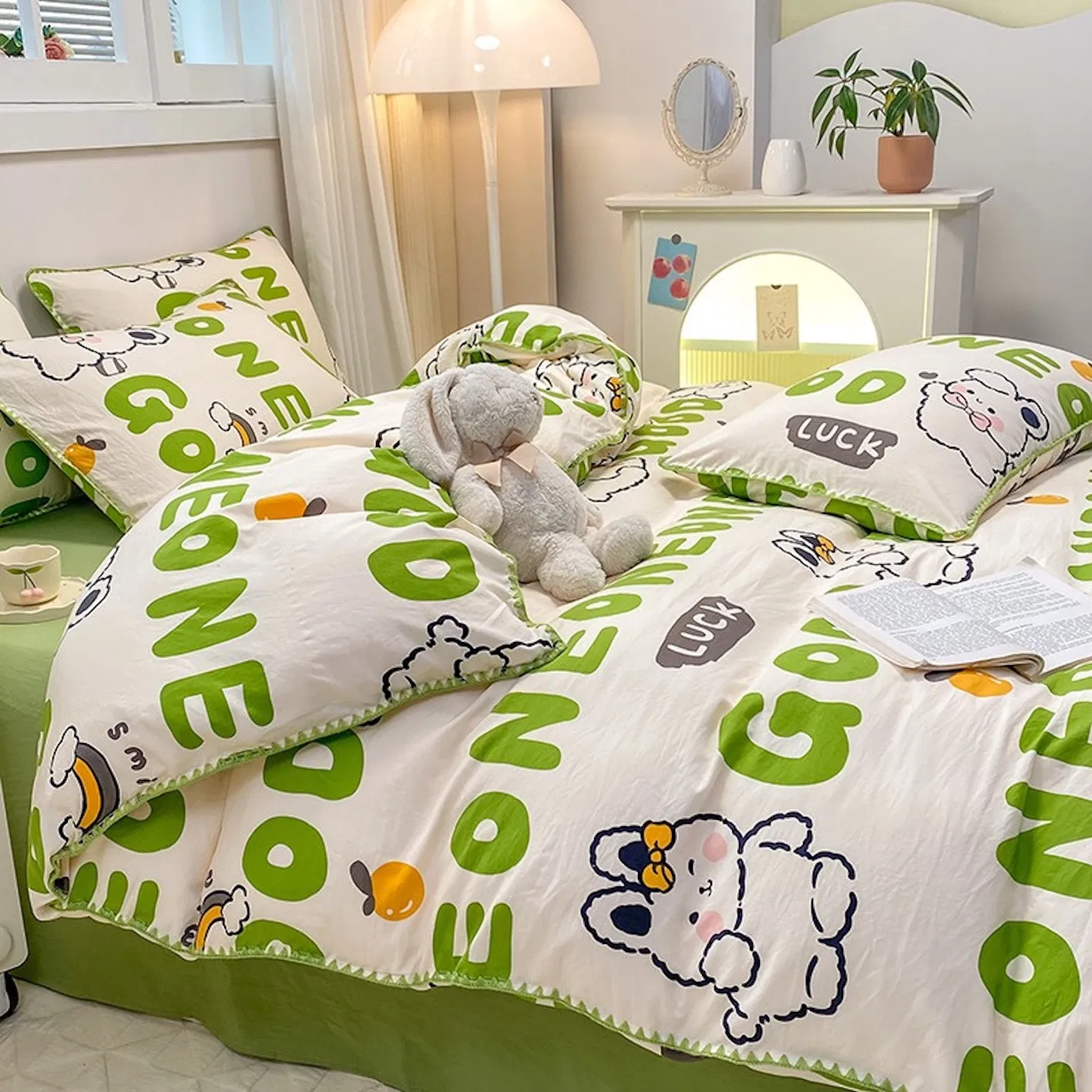 Green Cartoon Printing Skin-Friendly Microfiber Polyester Duvet Comforter Quilt Cover Single Double Bed Sheets Pillowcases Guangdong Kid's Home Bedding Set