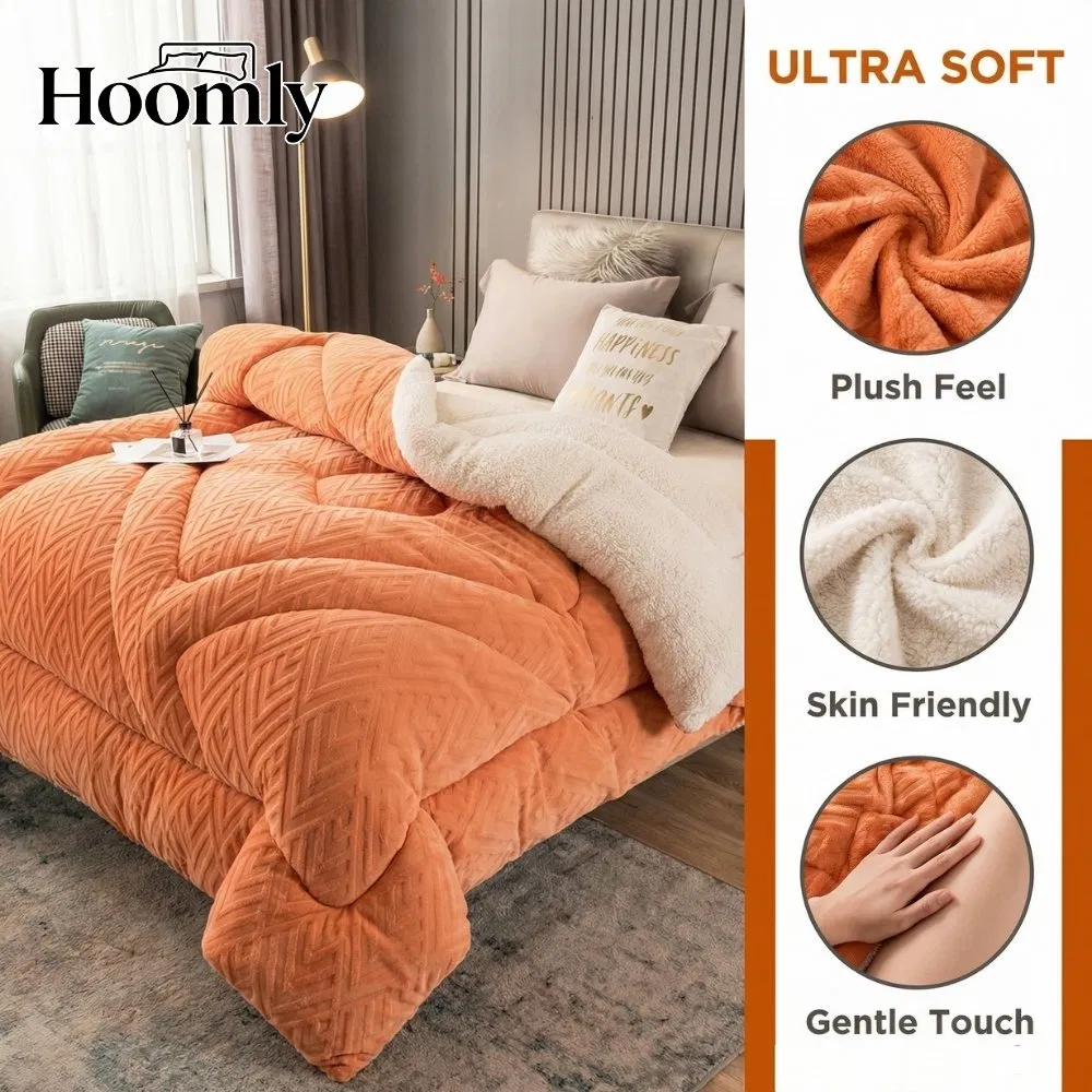 Hoomly 3D Embossed Carved Velvet Comforter Set Luxury Coral Orange Plush Bedding Set