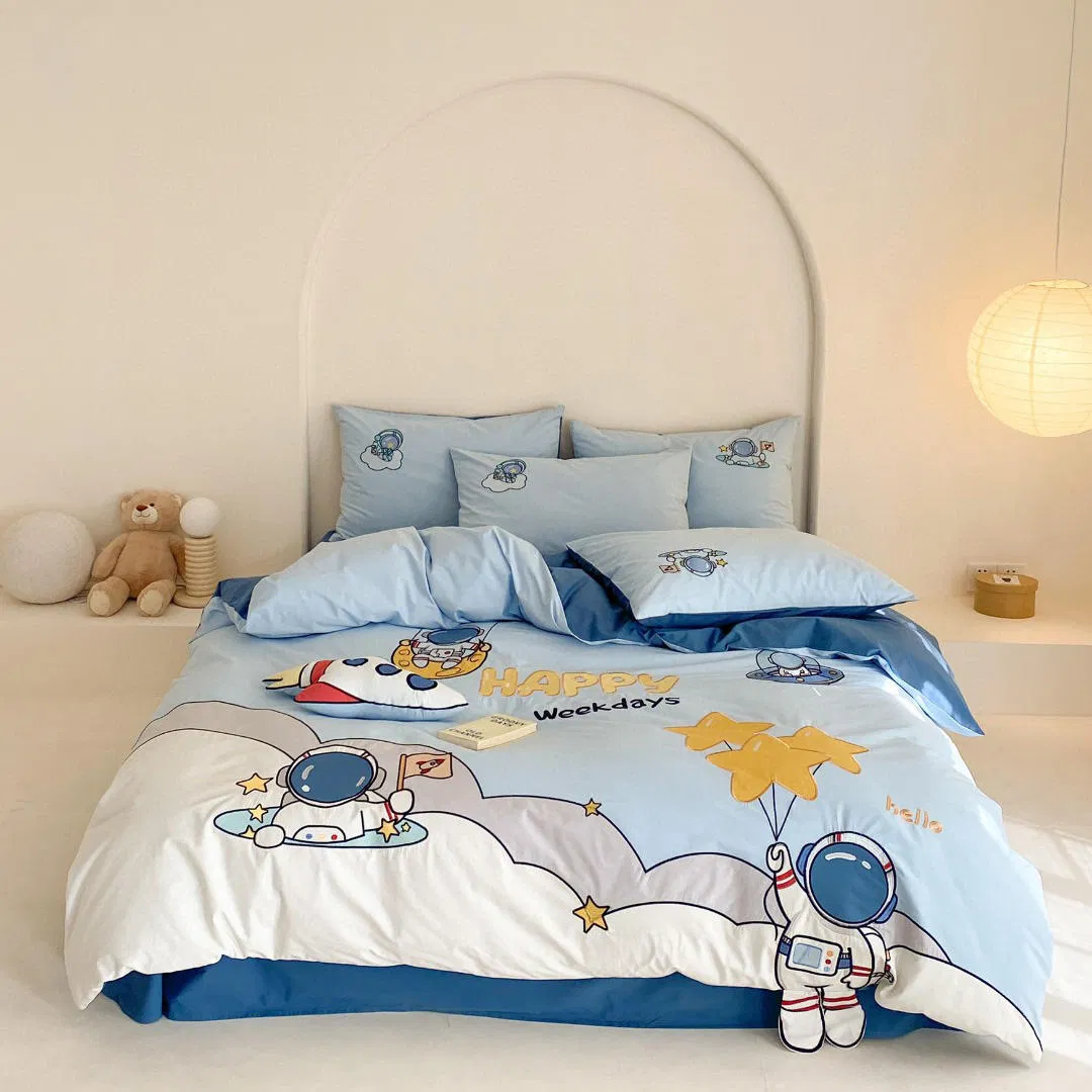 Blue High Quality Duvet Cover 100% Washed Cotton Pillow Sham Bed Sheet Embroidery Home Textile Cartoon King Size Flat Sheets Kids' Bedding Set Supplier
