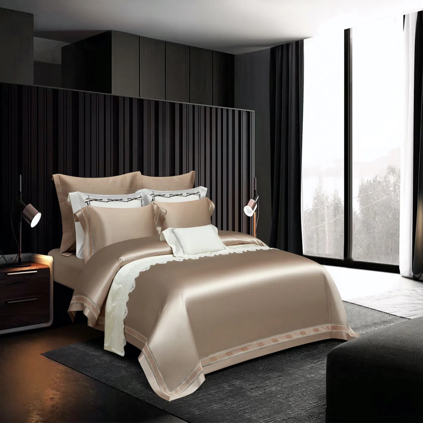 Super Luxury 100% Mulberry Silk Four-Piece White Embroidery Quilt Comforter Duvet Cover Bed Linen King Bed Sheets Mattress Cover Gold Bedding Set for Home