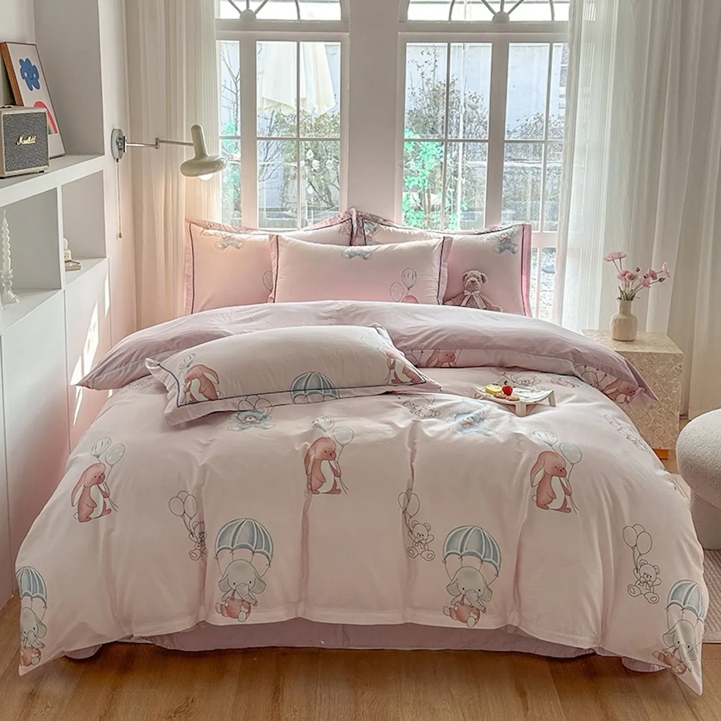 Cartoon Printing 100% Cotton Duvet Comforter Quilt Cover Pink Bed Linen Flat Bed Sheets Pillowcases Skin-Friendly Children Home Textile Sabanas Kids Bedding Set