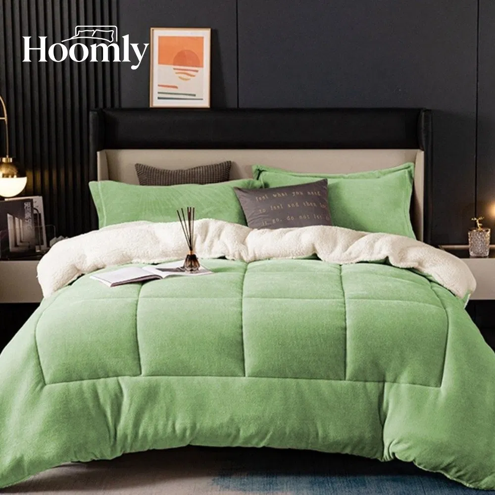Hoomly Luxury Green Reversible Sherpa Fleece &amp; Flannel Velvet Comforter Set Home Textile Quilting Blanket