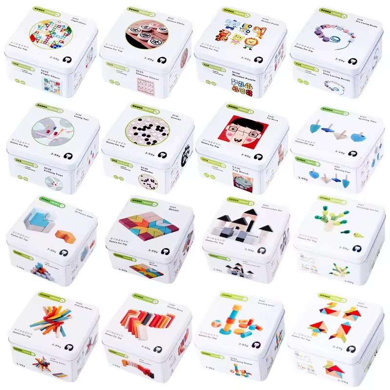Brinquedos de Blocos de Construção Cognitiva para Bebês, Caixa de Ferro de Viagem Educacional para Crianças, Cubo Quebra-Cabeça Feito de Madeira para Brincar