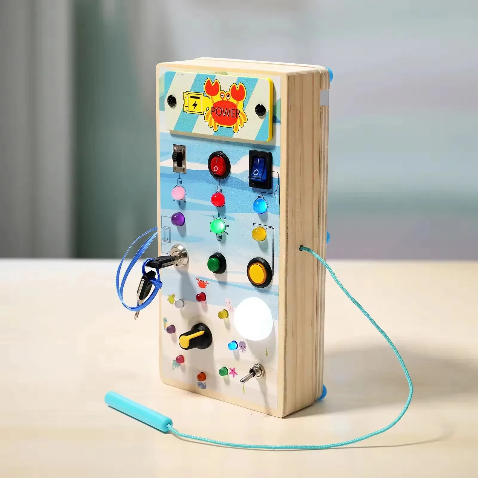Placa de Luz LED de Madeira Ecológica Personalizável para Bebês, Brinquedo Sensorial com Volante Analógico, Circuito Montessori para Crianças