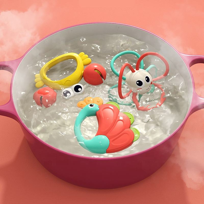 Conjunto de Brinquedos de Chocalho e Roda de Animais em Desenho Animado, Brinquedo Sensorial Macio em Silicone para Bebês