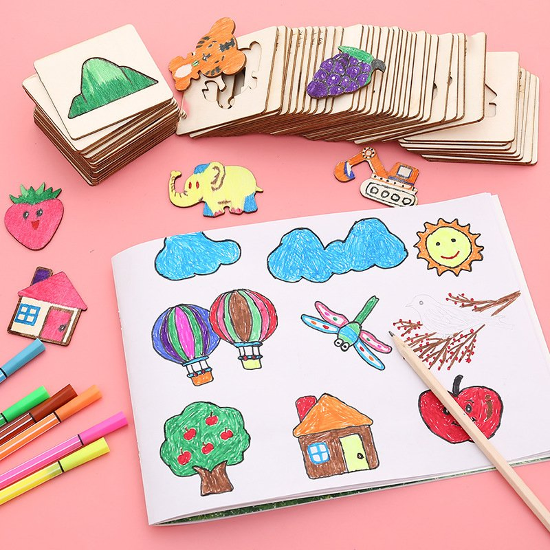 Atacado de fábrica personalizado de madeira DIY educativo brinquedo de animal carro arma trem casa avião estênceis de desenho e pintura Montessori para bebês crianças