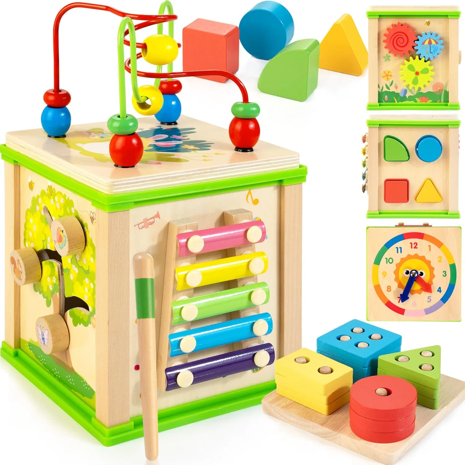 Cubo de Atividades de Madeira 7-in-1 Brinquedos Educacionais para Desenvolvimento Infantil