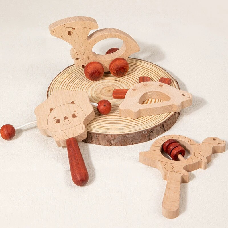 Brinquedo de Bebê Chocalho de Plástico com Meia de Crochê, Jogo de Kit Musical de Madeira