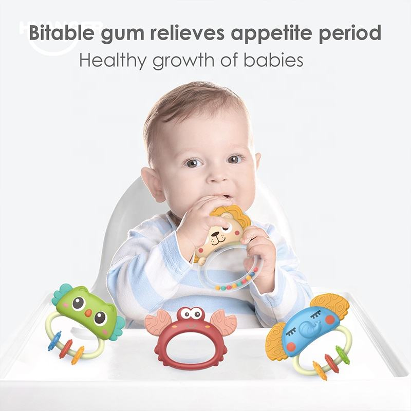 Brinquedos para recém-nascidos Crescimento precoce dos dentes Brinquedo para bebês 4 PCS Brinquedos de silicone com sinos para dentição Conjunto de chocalhos para bebês de 0-12 meses