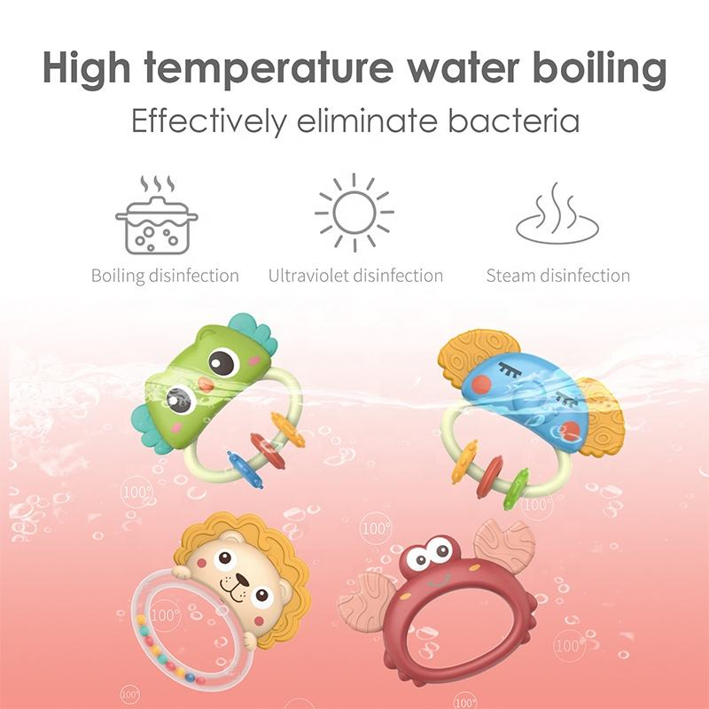 Brinquedos para recém-nascidos Crescimento precoce dos dentes Brinquedo para bebês 4 PCS Brinquedos de silicone com sinos para dentição Conjunto de chocalhos para bebês de 0-12 meses
