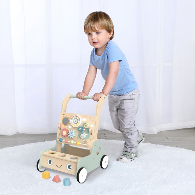 Carrinho de Aprendizagem de Madeira para Bebês Centro de Atividades Multifuncional Painel de Atividades Brinquedo para Bebê