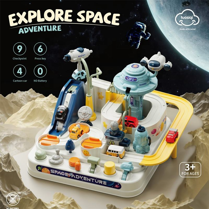 Conjunto de Brinquedos para Crianças com Tema Espacial 6 Botões de Promoção para Bebês e Crianças, Brinquedo de Carro Interativo, Jogo de Aventura com Carro, Brinquedos de Pista de Corrida