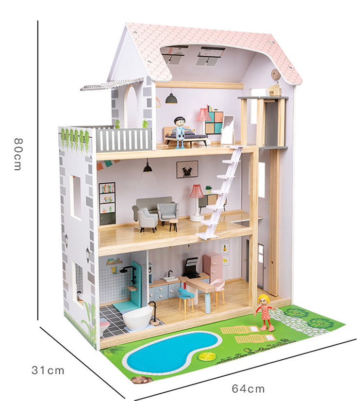 Casa de Bonecas de Madeira para Crianças Simulação de Brincadeira Brinquedo Educativo para Bebês Três Andares Vila de Madeira