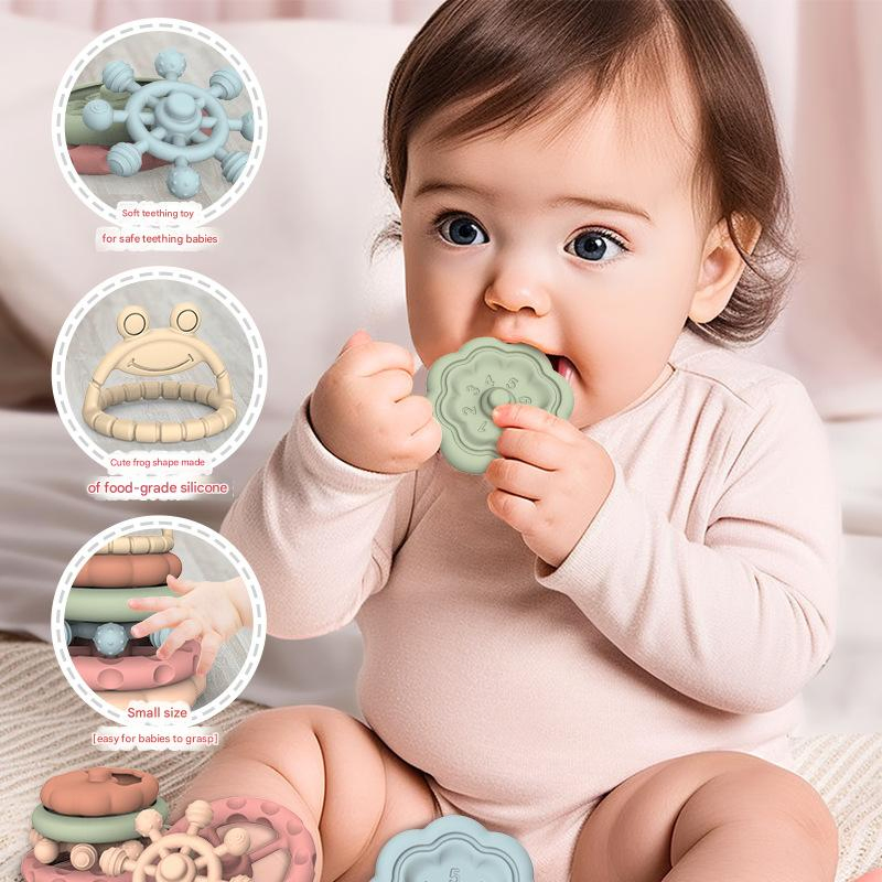 Brinquedos para bebês com adesivo para dentição para bebês pequenos, que podem ser empilhados, segurados e comidos à mão. Pilhas de adesivo dentado para brinquedos divertidos para crianças