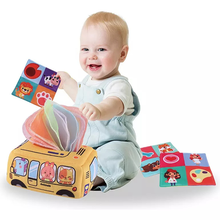 Brinquedos sensoriais Montessori para aprendizado precoce na pré-escola, brinquedos de carro mágico de pano macio, brinquedo de caixa de lenços para bebês, brinquedo de pano para bebês