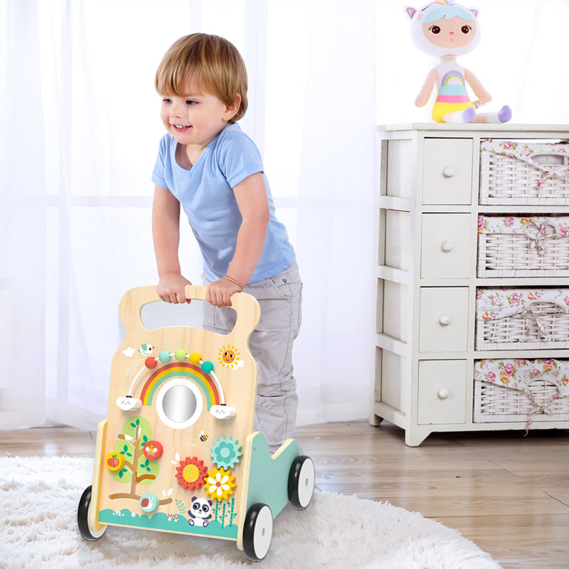 Carrinho de Bebê de Madeira Centro de Atividades Aprendizado Labirinto de Contas Carrinho de Puxar e Empurrar Brinquedo