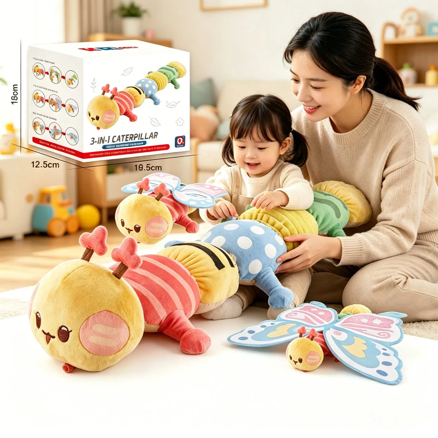 Nijia 3-in-1 Brinquedo de Pelúcia Caterpillar para Bebês, Fantoche de Animal de Estimação para Treinamento de Crianças, Conforto para Recém-Nascidos, Brinquedo Macio de Desenvolvimento, Brinquedos Educativos para Bebês