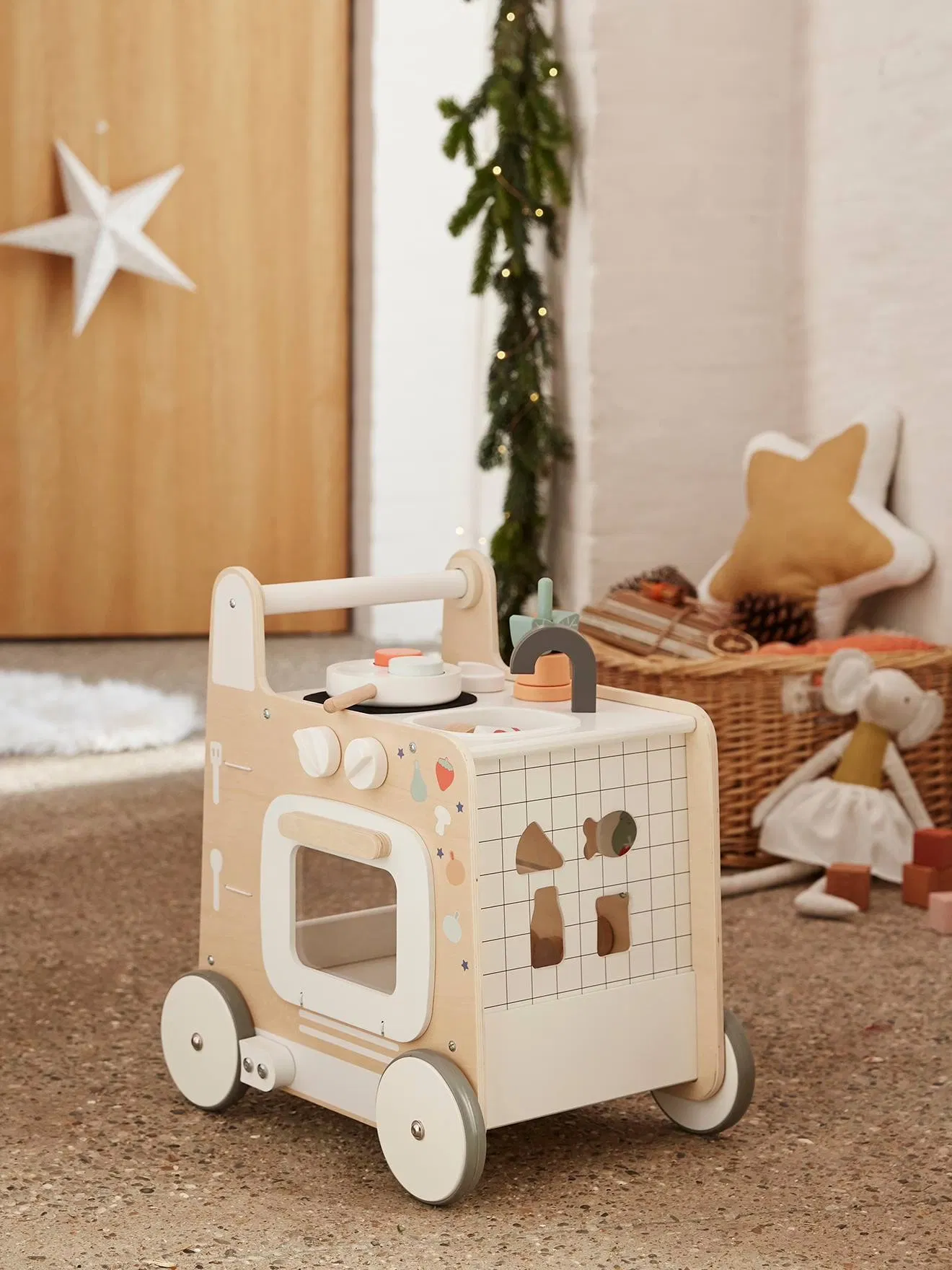 Brinquedo de Atividade de Empurrar para Bebês de Madeira Kitche Aprendendo a Andar