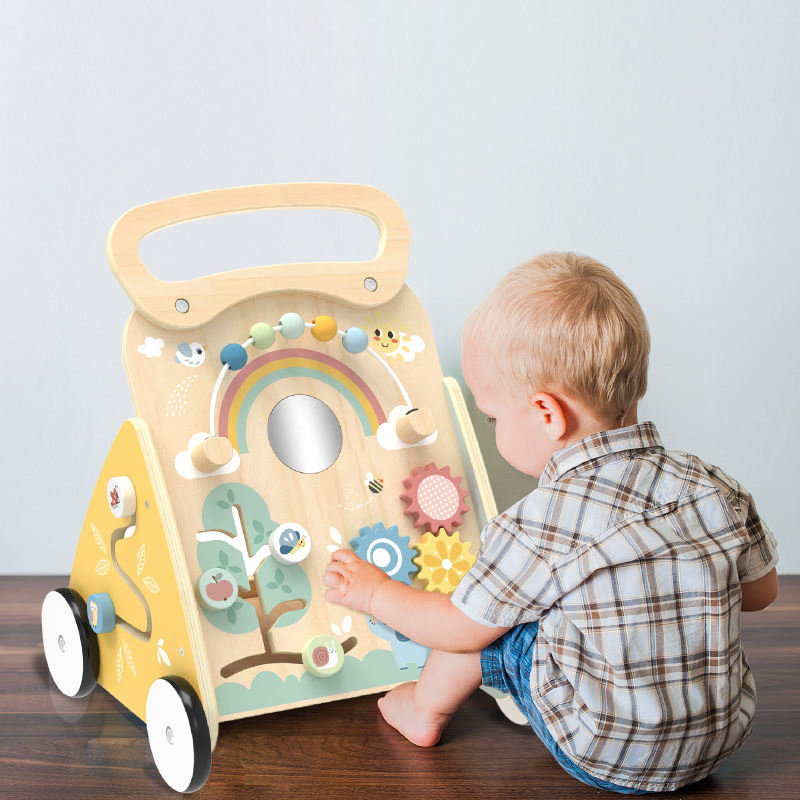 Centro de Atividades Multifuncional de Madeira para Bebês, Painel de Atividades, Carrinho de Puxar e Empurrar, Brinquedo de Aprendizagem para Bebês