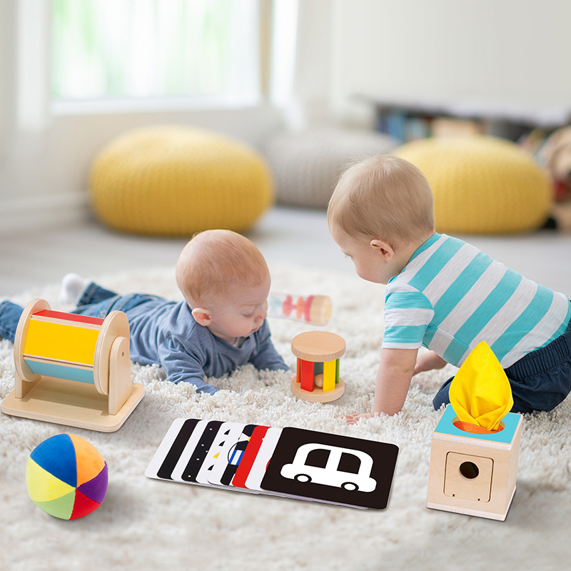 Caixa de Brinquedos Educativos de Madeira Montessori para Bebê 0-6 Meses