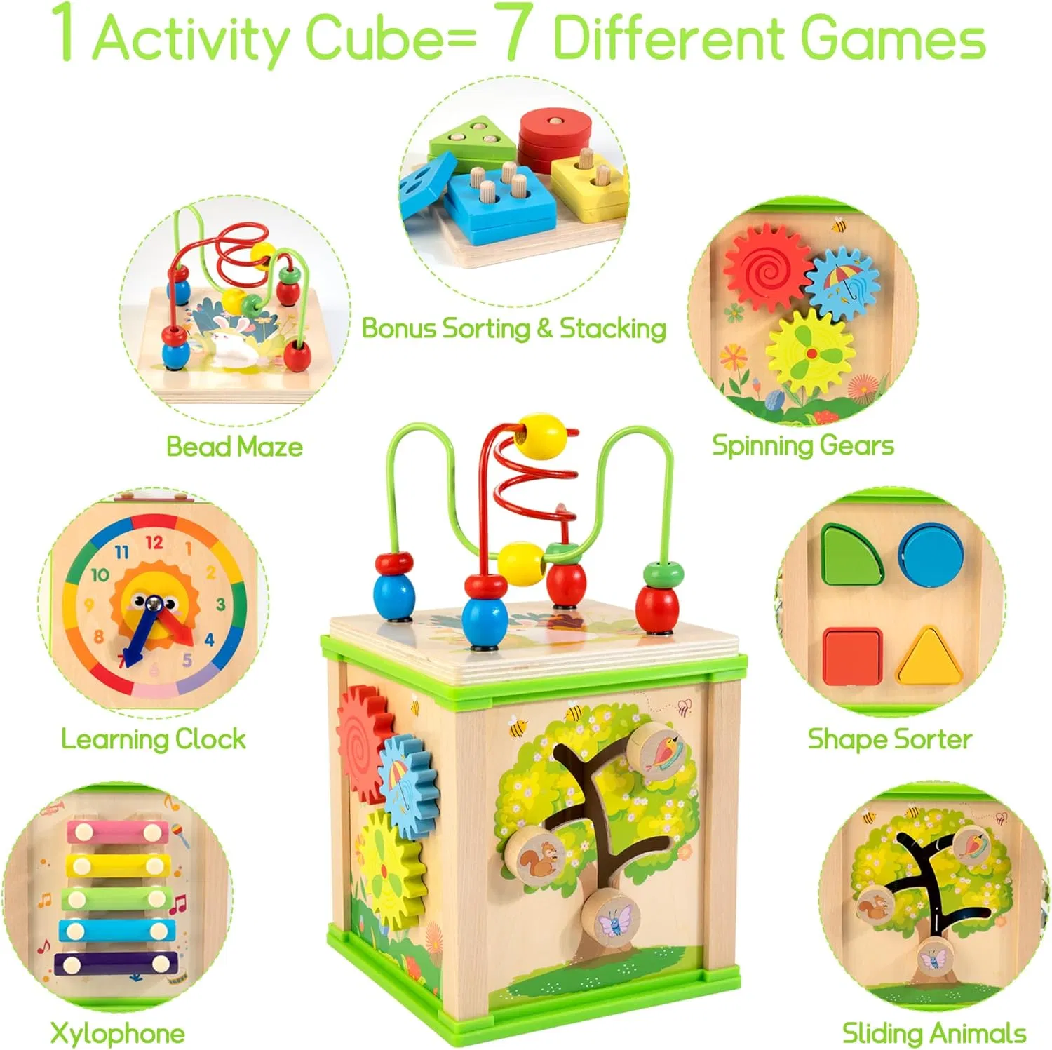 Cubo de Atividades de Madeira 7-in-1 Brinquedos Educacionais para Desenvolvimento Infantil