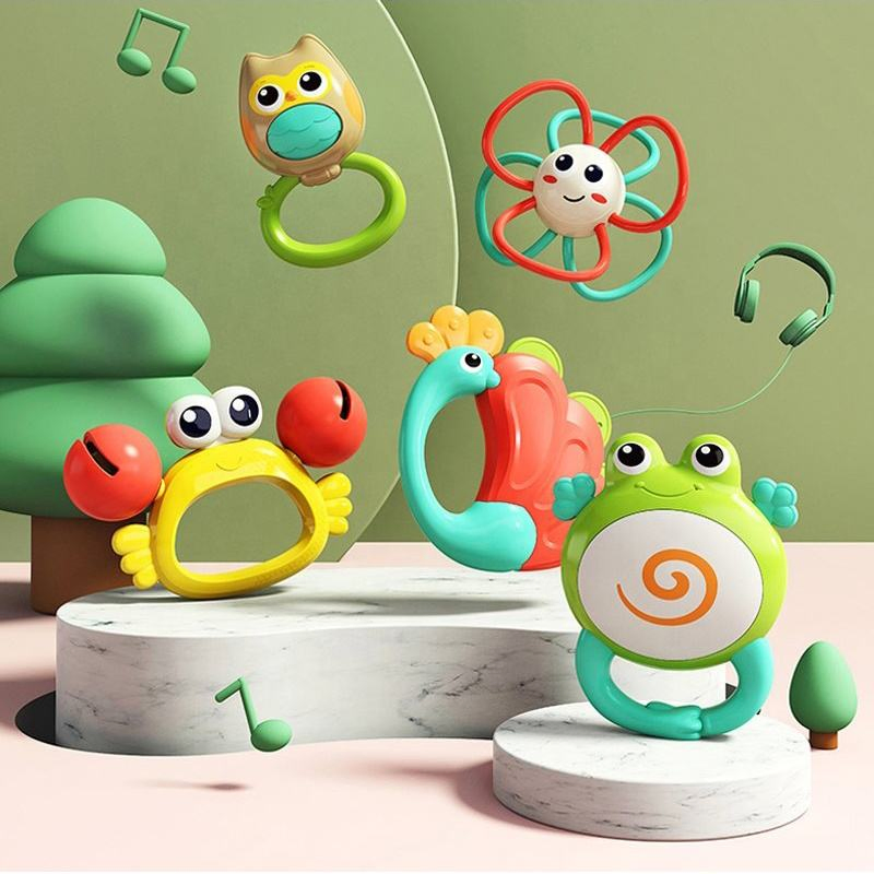 Conjunto de Brinquedos de Chocalho e Roda de Animais em Desenho Animado, Brinquedo Sensorial Macio em Silicone para Bebês