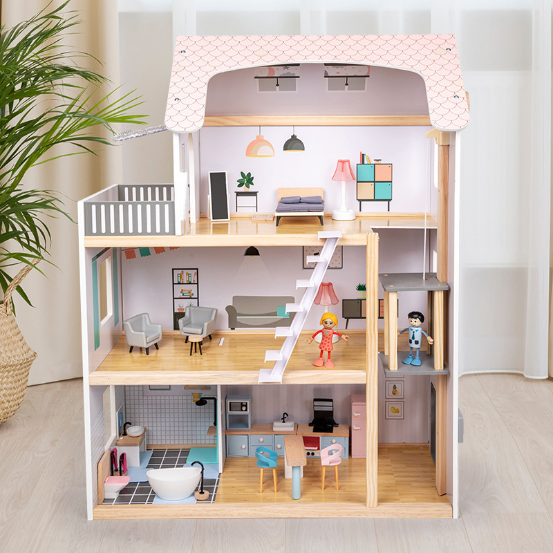 Casa de Bonecas de Madeira para Crianças Simulação de Brincadeira Brinquedo Educativo para Bebês Três Andares Vila de Madeira