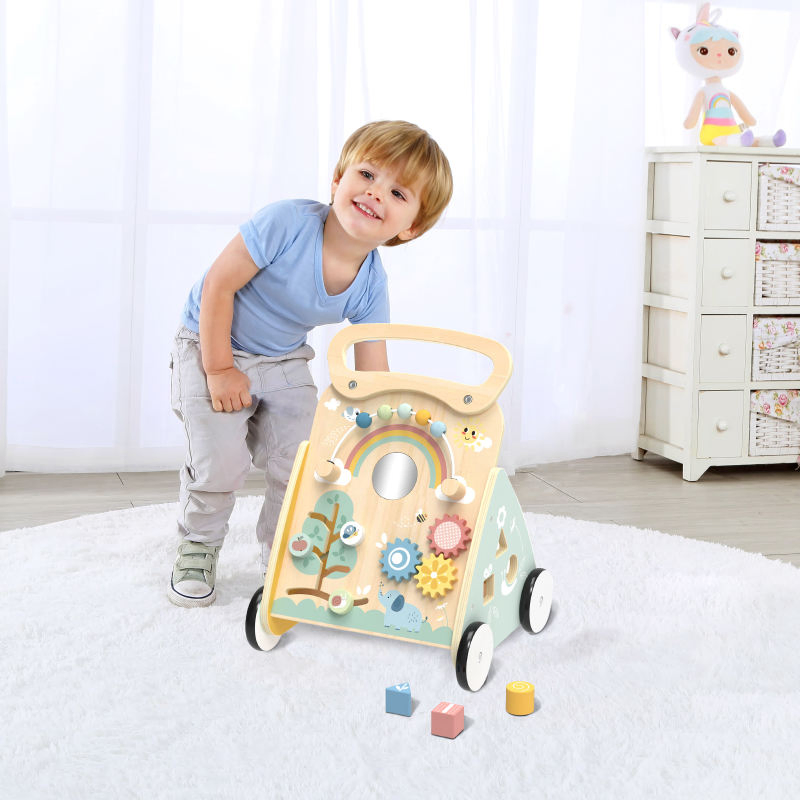 Centro de Atividades para Bebês com Andador de Madeira, Painel de Atividades, Carrinho de Puxar e Empurrar, Brinquedo de Aprendizagem para Bebês