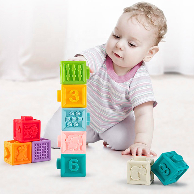 Conjunto de Brinquedos de Blocos de Montar para Bebês, Brinquedos Educativos Iniciais, Conjunto de Empilhamento Divertido, Brinquedos Macios de Silicone para Bebês