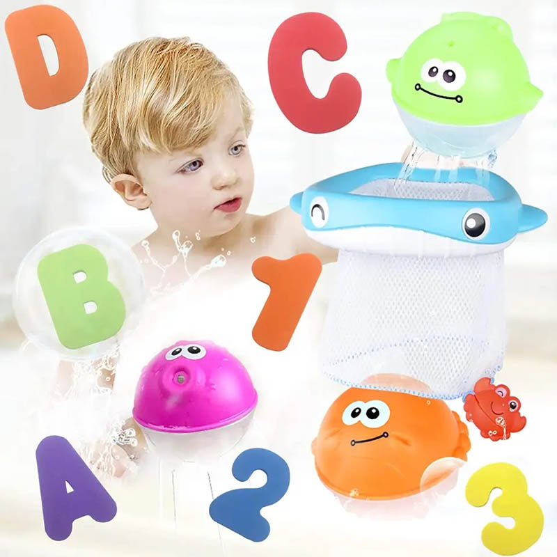 36 Letras e Números de Espuma para Banho Spray Água e Empilhar Brinquedos de Banho para Bebês Modo de Disparo Bolsa Organizadora Brinquedo de Pesca para Banho com 4 Bola de Animal Marinho
