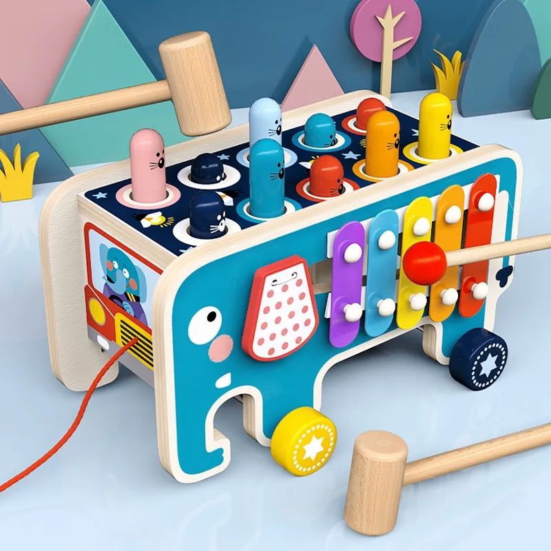 Atividade de Desenvolvimento Infantil Mamutes Bate-Peixe Xilofone de Madeira Martelo Bancada de Martelar Brinquedos Musicais