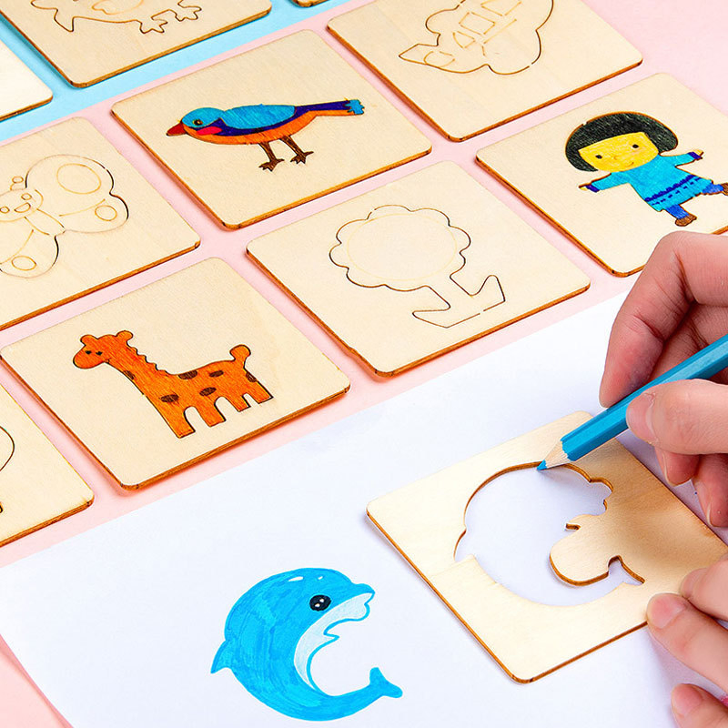 Atacado de fábrica personalizado de madeira DIY educativo brinquedo de animal carro arma trem casa avião estênceis de desenho e pintura Montessori para bebês crianças