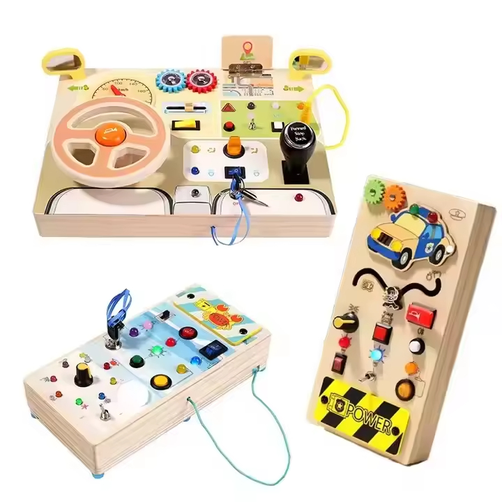 Placa de Luz LED de Madeira Ecológica Personalizável para Bebês, Brinquedo Sensorial com Volante Analógico, Circuito Montessori para Crianças