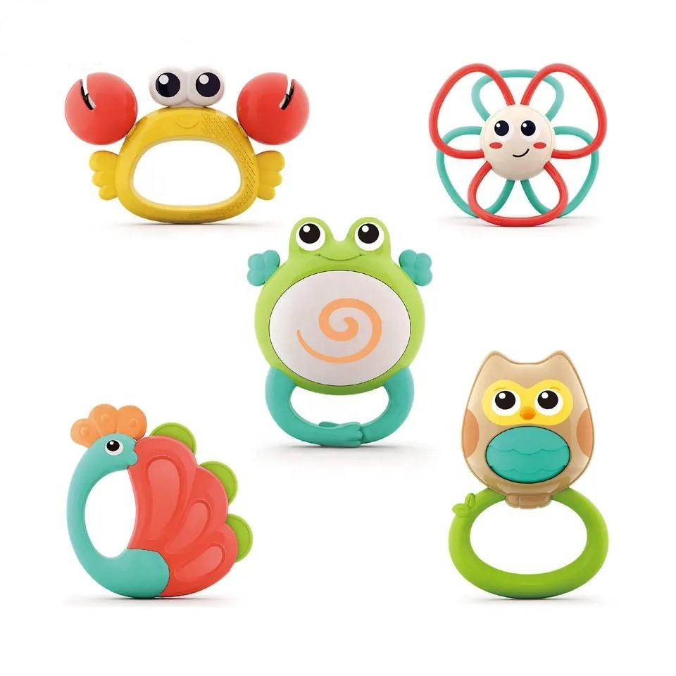 Conjunto de Brinquedos de Chocalho e Roda de Animais em Desenho Animado, Brinquedo Sensorial Macio em Silicone para Bebês