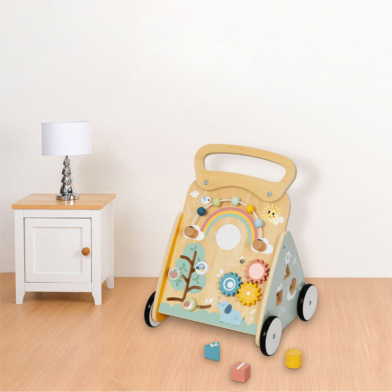 Centro de Atividades para Bebês com Andador de Madeira, Painel de Atividades, Carrinho de Puxar e Empurrar, Brinquedo de Aprendizagem para Bebês