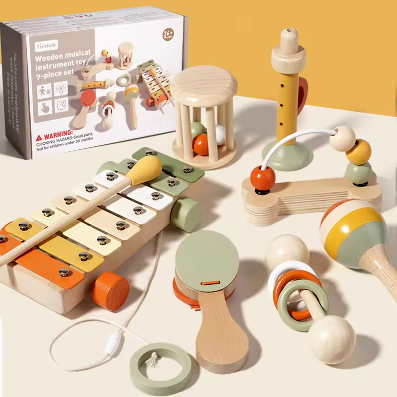 Eco Wooden Rattles Baby Toys Educational Newborn Grasping Natural Tether Musical Instrument Shaker Toys