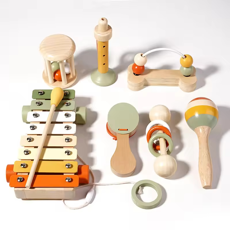 Eco Wooden Rattles Baby Toys Educational Newborn Grasping Natural Tether Musical Instrument Shaker Toys