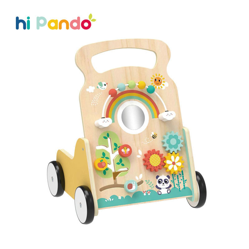 Carrinho de Bebê de Madeira Centro de Atividades Multifuncional Labirinto de Contas Carrinho de Puxar e Empurrar Brinquedo de Aprendizado para Bebês