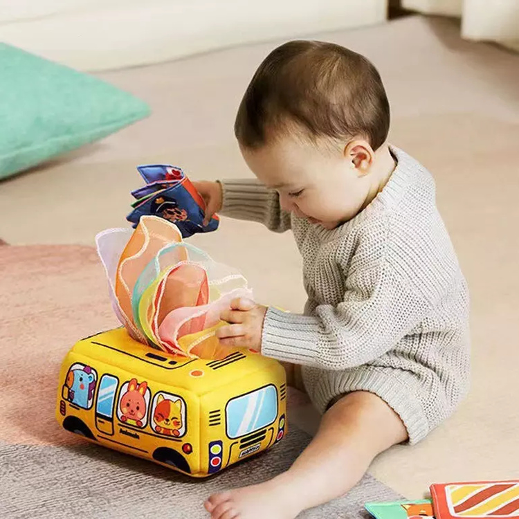 Brinquedos sensoriais Montessori para aprendizado precoce na pré-escola, brinquedos de carro mágico de pano macio, brinquedo de caixa de lenços para bebês, brinquedo de pano para bebês