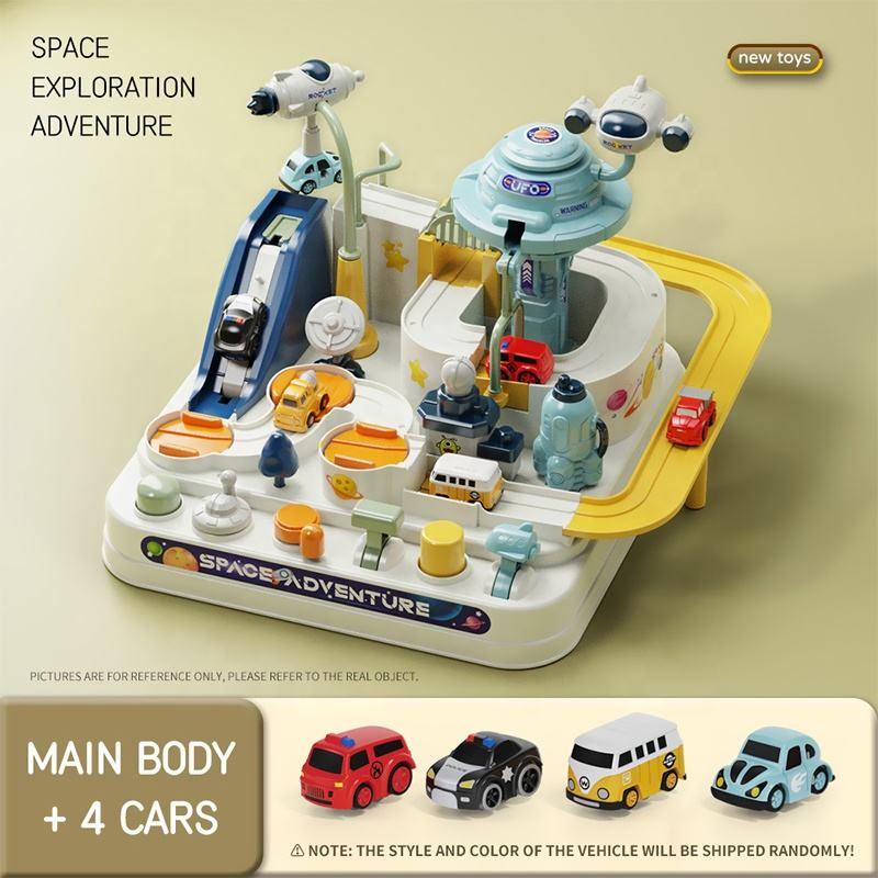 Conjunto de Brinquedos para Crianças com Tema Espacial 6 Botões de Promoção para Bebês e Crianças, Brinquedo de Carro Interativo, Jogo de Aventura com Carro, Brinquedos de Pista de Corrida