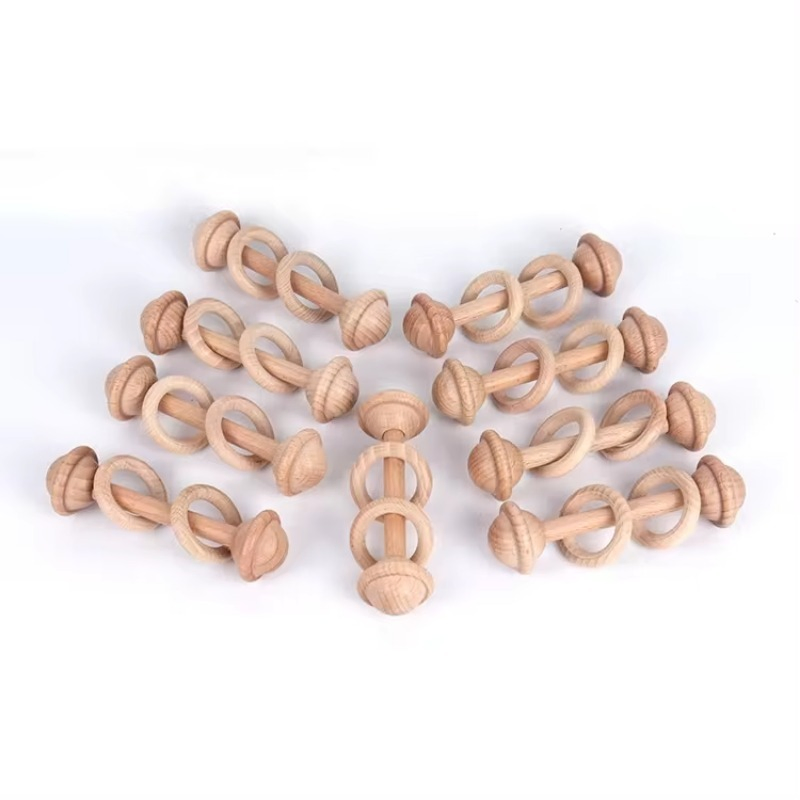 Chocalho de Madeira de Bétula Durável Brinquedo de Mordida para Bebê Recém-Nascido