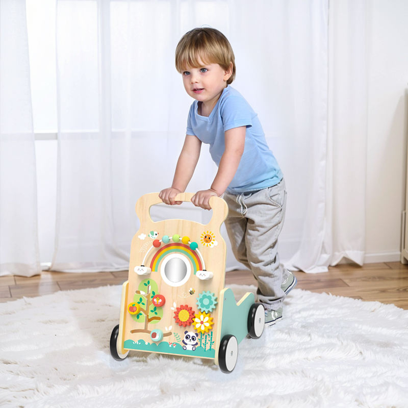 Carrinho de Bebê de Madeira Centro de Atividades Aprendizado Labirinto de Contas Carrinho de Puxar e Empurrar Brinquedo