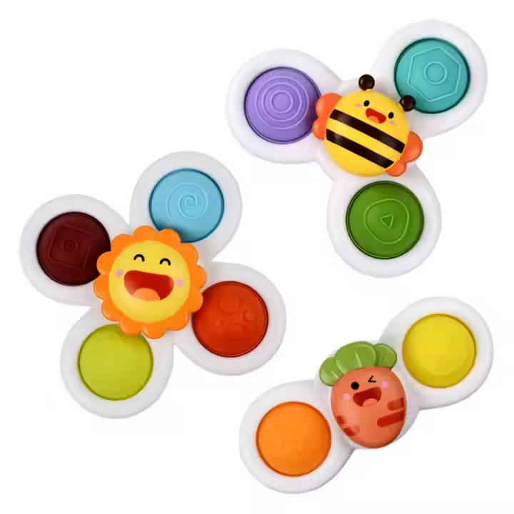 Novos Brinquedos de Banho para Bebês 3PS em Caixa Colorida Conjunto de Brinquedos de Fidget Spinner de Silicone com Ventosas Sensoriais
