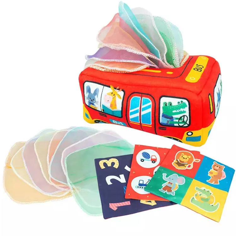 Brinquedos sensoriais Montessori para aprendizado precoce na pré-escola, brinquedos de carro mágico de pano macio, brinquedo de caixa de lenços para bebês, brinquedo de pano para bebês