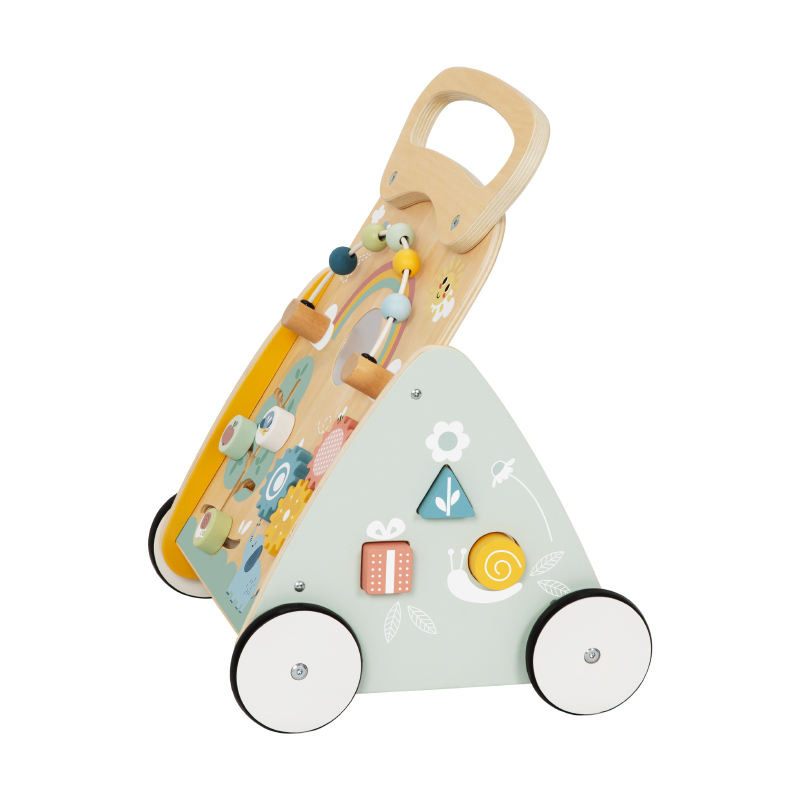 Centro de Atividades para Bebês com Andador de Madeira, Painel de Atividades, Carrinho de Puxar e Empurrar, Brinquedo de Aprendizagem para Bebês