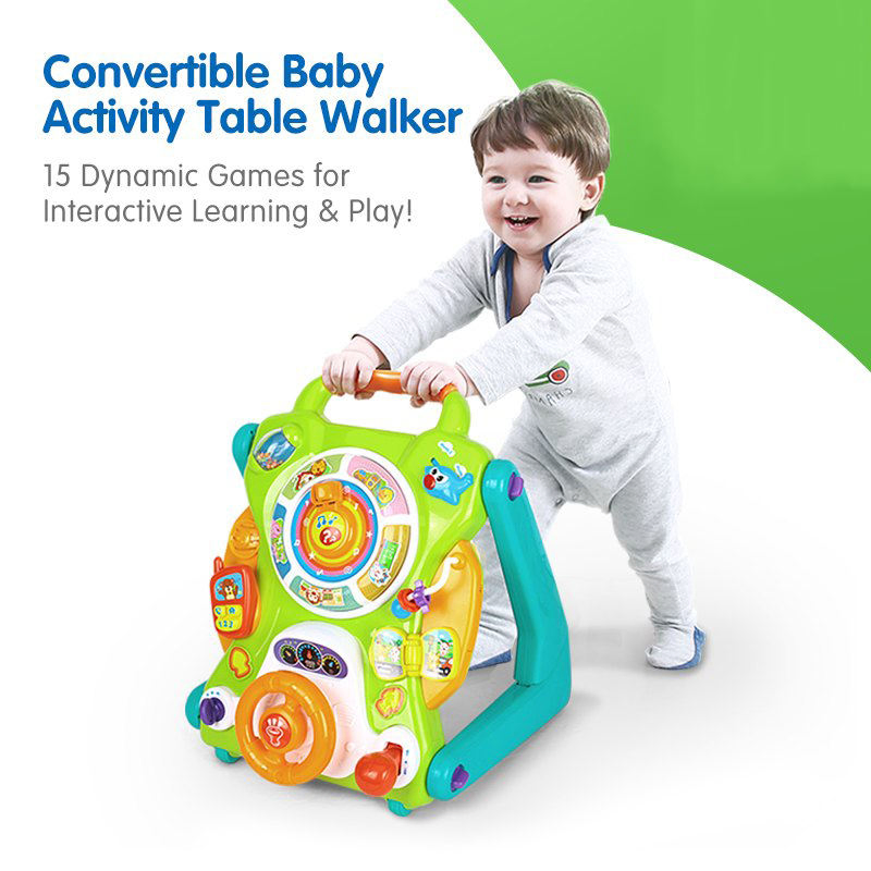Samtoy 3 In1 Mesa de Atividades para Bebê Multifuncional Moderna com Som e Desenho, Carrinho de Bebê Conversível e Ajustável, Andador Brinquedo para Bebê