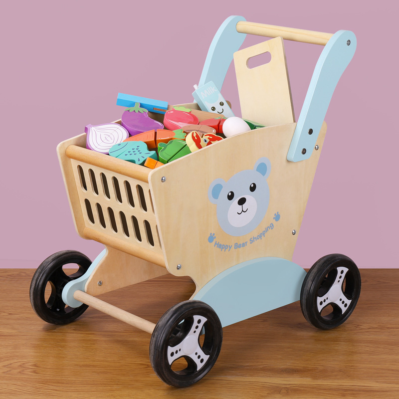 Carrinho de Compras Montessori Educacional para Meninos e Meninas, Carrinho de Bebê, Brinquedo de Madeira para Caminhar para Crianças Pequenas