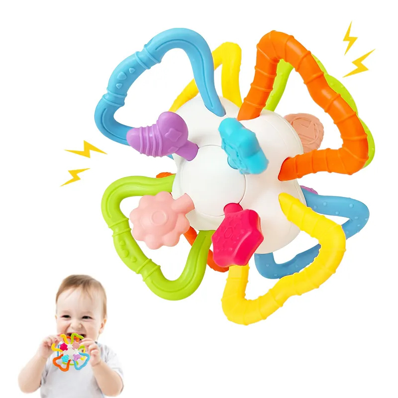 Brinquedo de Mordedor em Silicone Livre de BPA para Bebê, Bola de Chocalho Macia e Segura, Brinquedo de Mordida Adorável para Criança Pequena e Bebê, Essencial Sensorial de Mordedor Não Tóxico