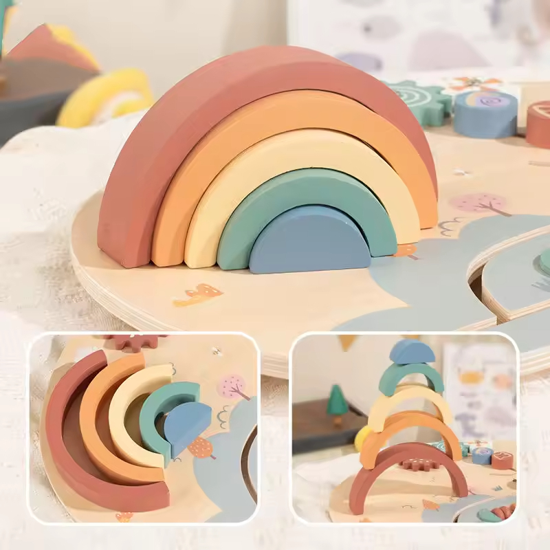 Tabuleiro de Atividades de Madeira Sustentável para Bebês com Engrenagens Empilhadoras Arco-íris e Ábaco para Crianças Pequenas, Brinquedos Educativos Sensoriais de Ocupação Montessori